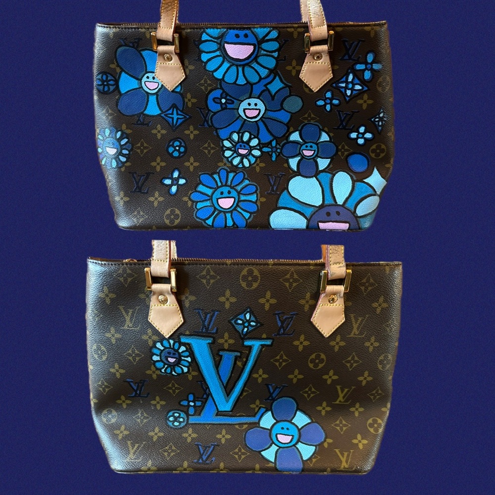Louis Vuitton Blue Floral Tote Bag  Upcycled and Hand Painted - Picture 3 of 16
